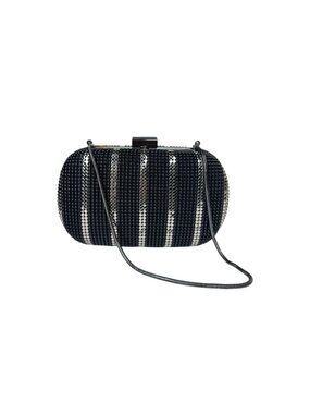 Whiting & Davis Minaudière Black & Silver Mesh Striped Hardcase Clutch Purse
